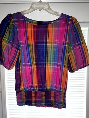 Ann Taylor Multicolor Plaid Puff-Sleeve Top - Pink, Purple, Orange